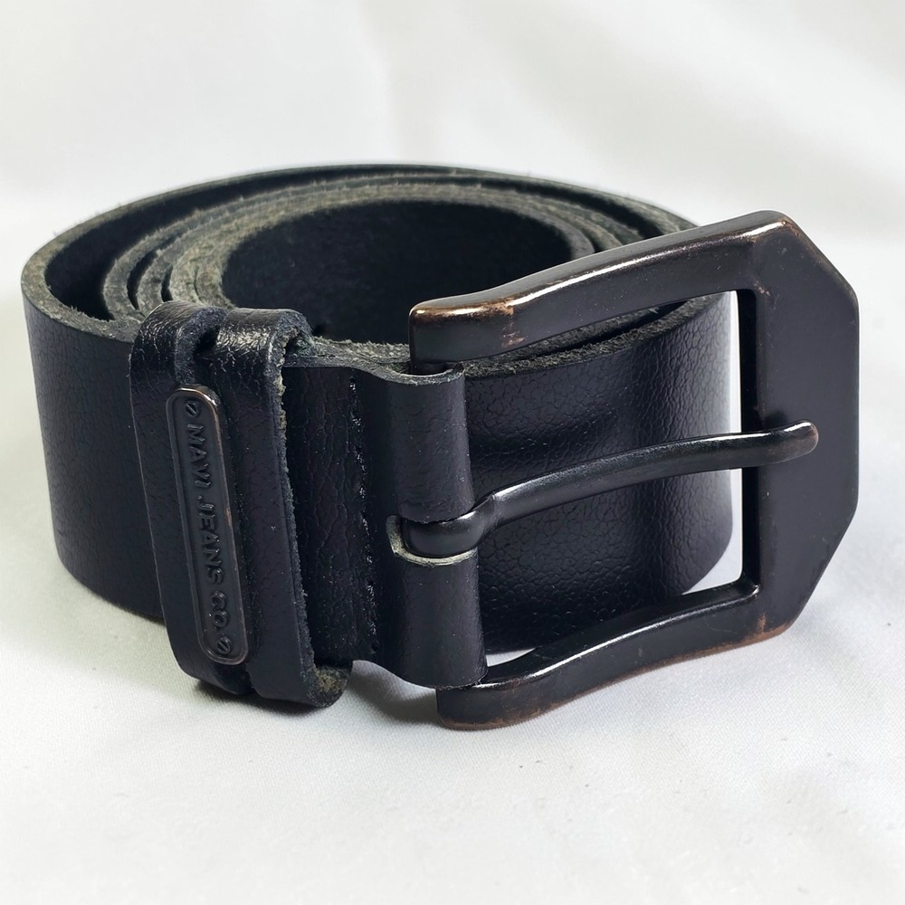 Mavi Jeans Co Mens Black Belt‎ Bronze Geometric Buckle Branded Plate 42.5in